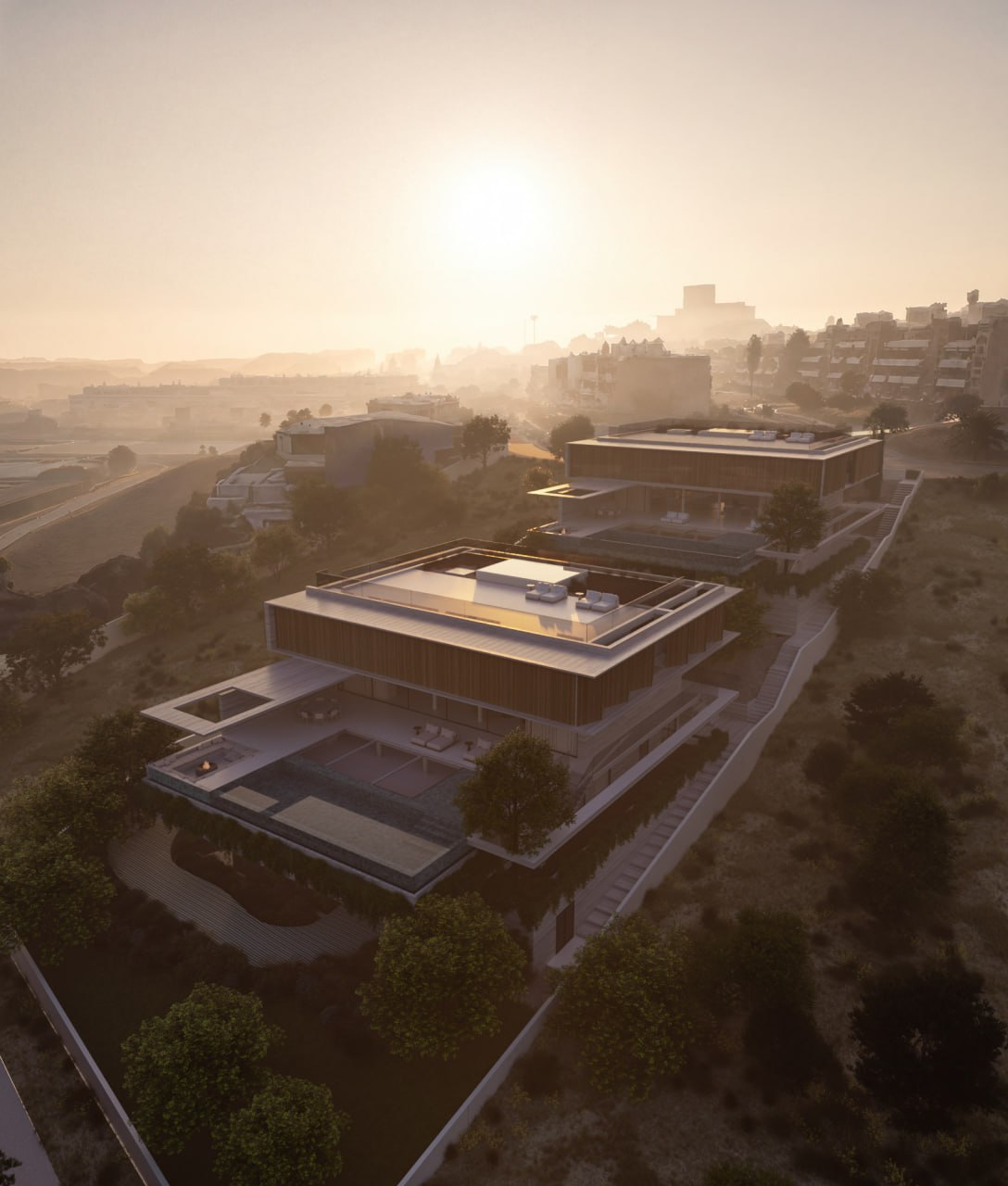 A residence at sunset, seen from above