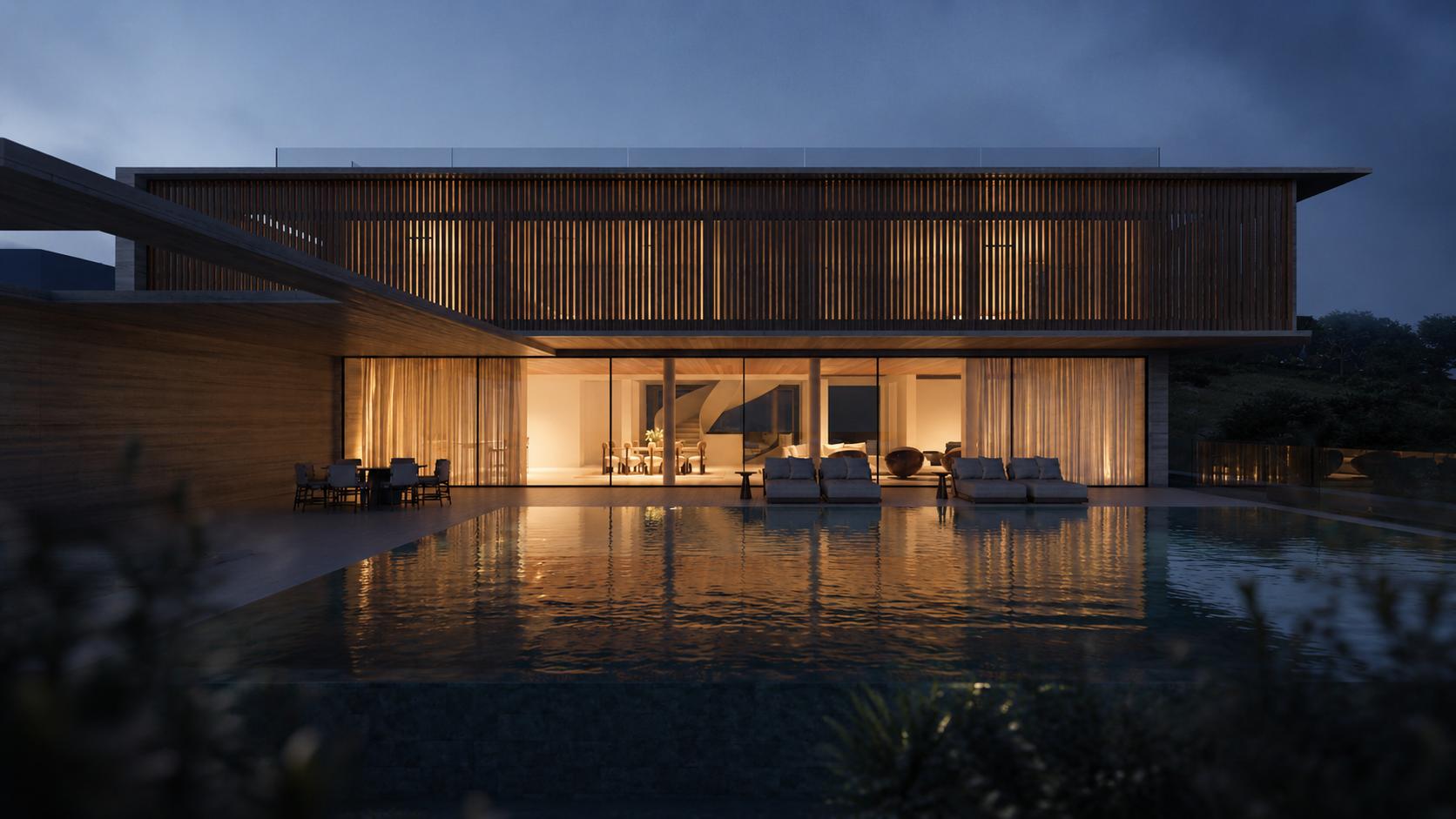 Uma residência GAVINHO ao crepúsculo, vista da piscina