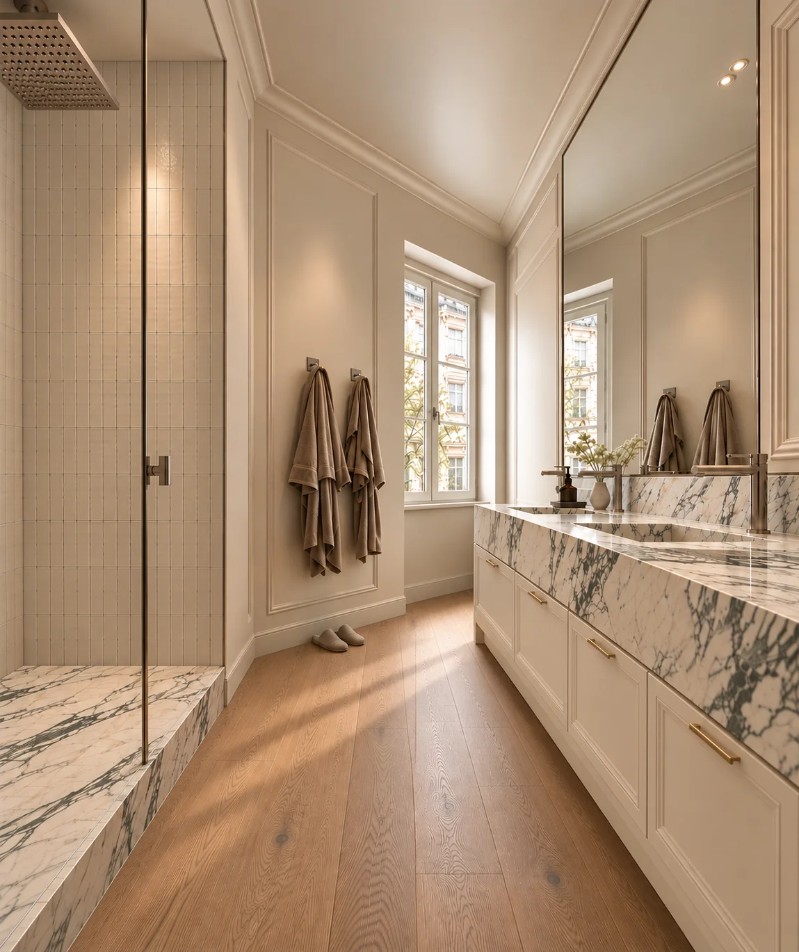 Bathroom in marble and oak