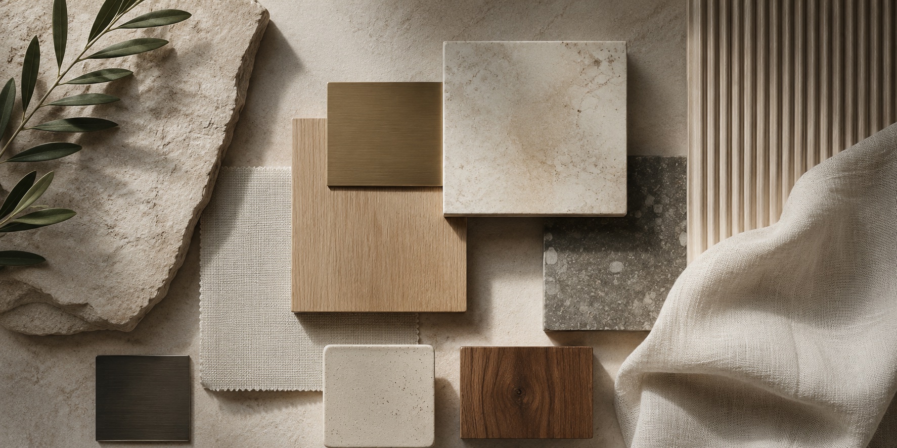 Material palette — stone, wood, metal and textile samples